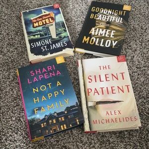 BOTM Goodnight beautiful, the silent patient, not a happy family, sundown motel